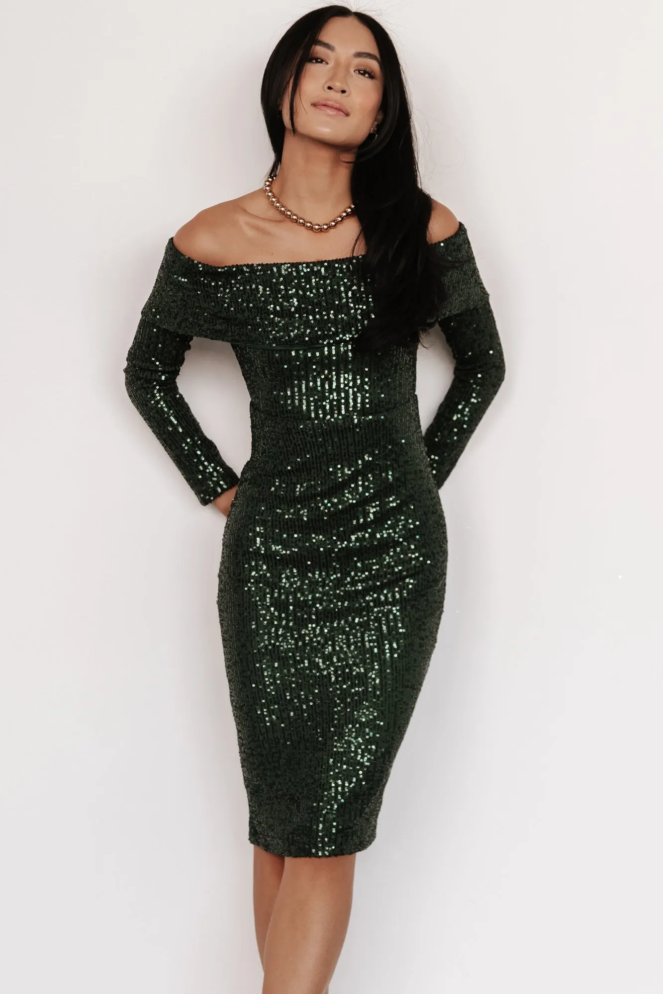 Karma Off Shoulder Sequin Midi Dress | Dark Green sold by Baltic Born product image thumbnail 3