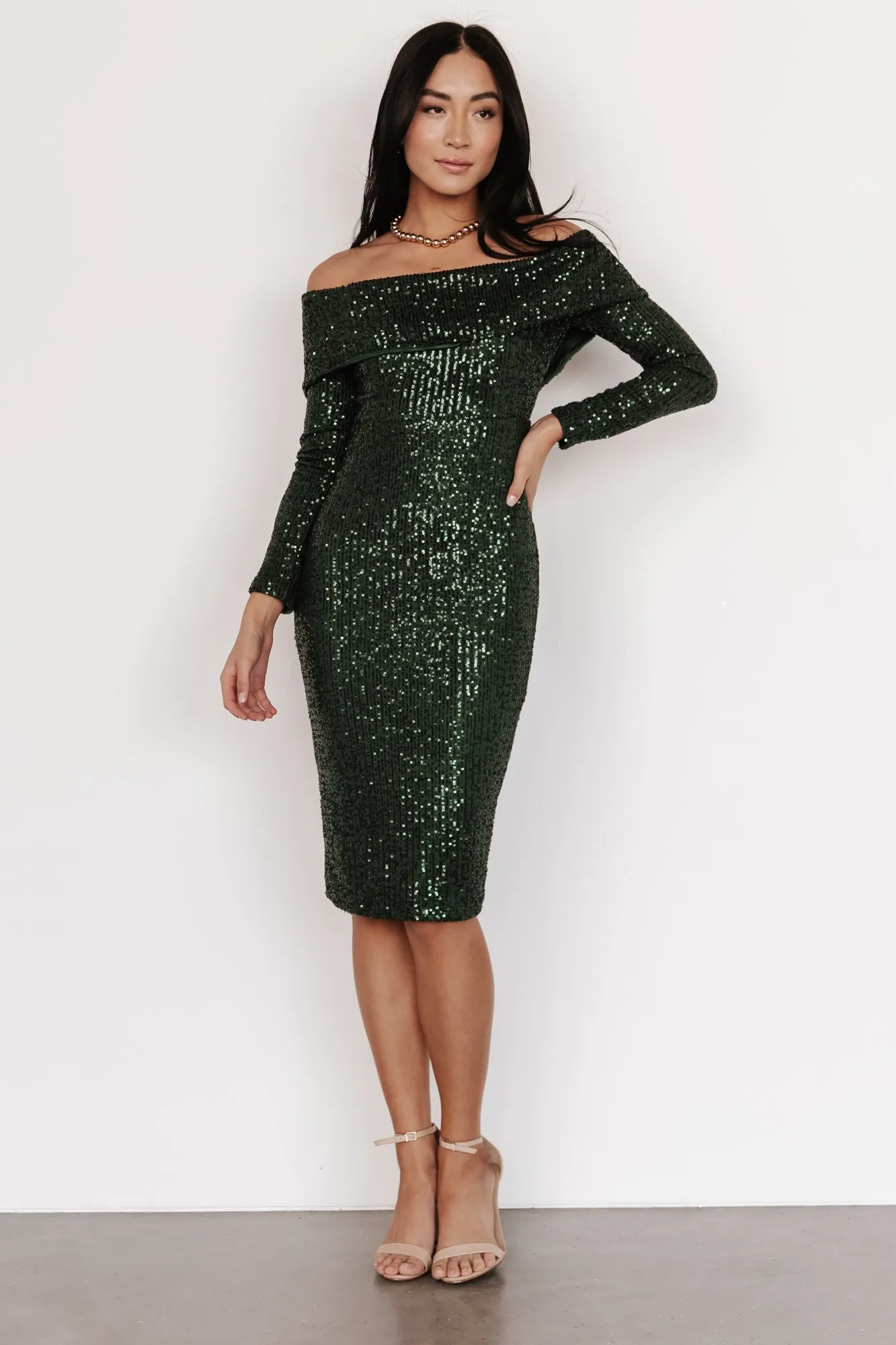 Karma Off Shoulder Sequin Midi Dress | Dark Green sold by Baltic Born