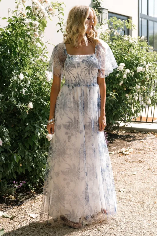 Cassandra Tulle Maxi Dress | Blue + White Floral sold by Baltic Born