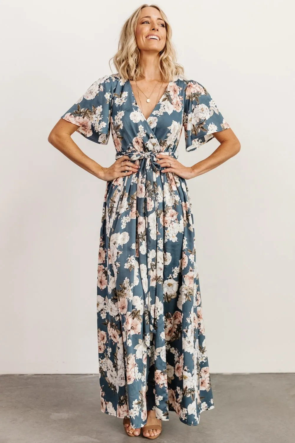 Sicily Satin Maxi Dress | Blue Floral sold by Baltic Born product image thumbnail 4
