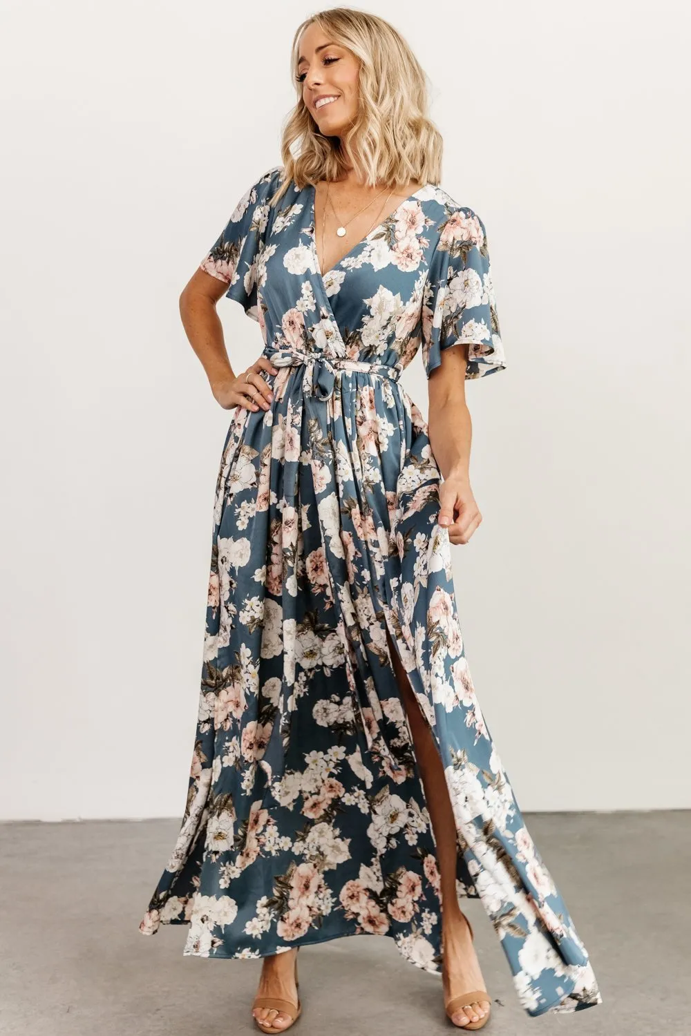 Sicily Satin Maxi Dress | Blue Floral sold by Baltic Born