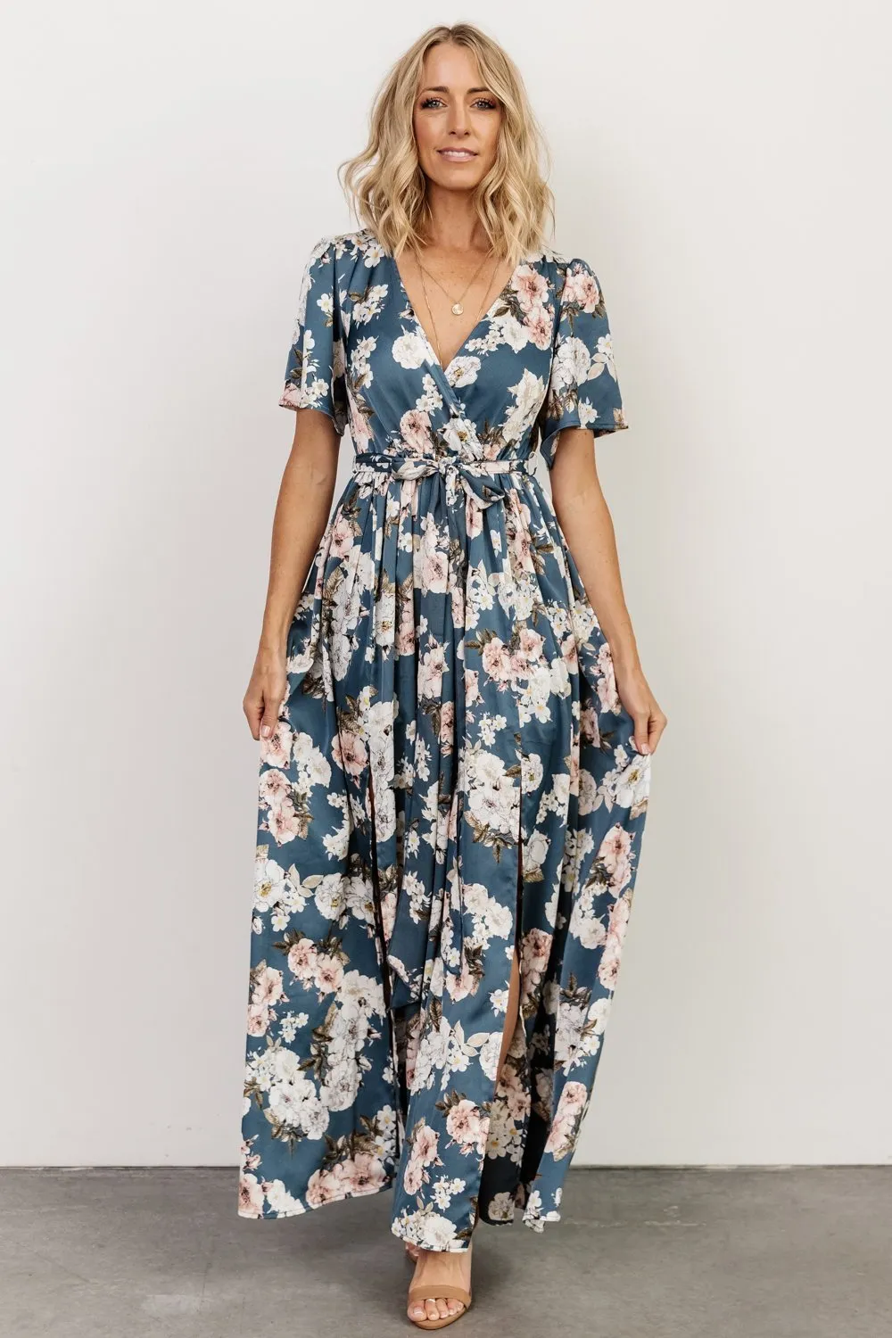Sicily Satin Maxi Dress | Blue Floral sold by Baltic Born product image thumbnail 5