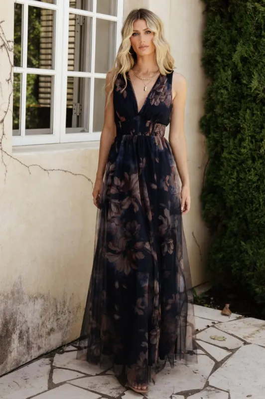 Kamila Tulle Maxi Dress | Dark Blue Floral sold by Baltic Born