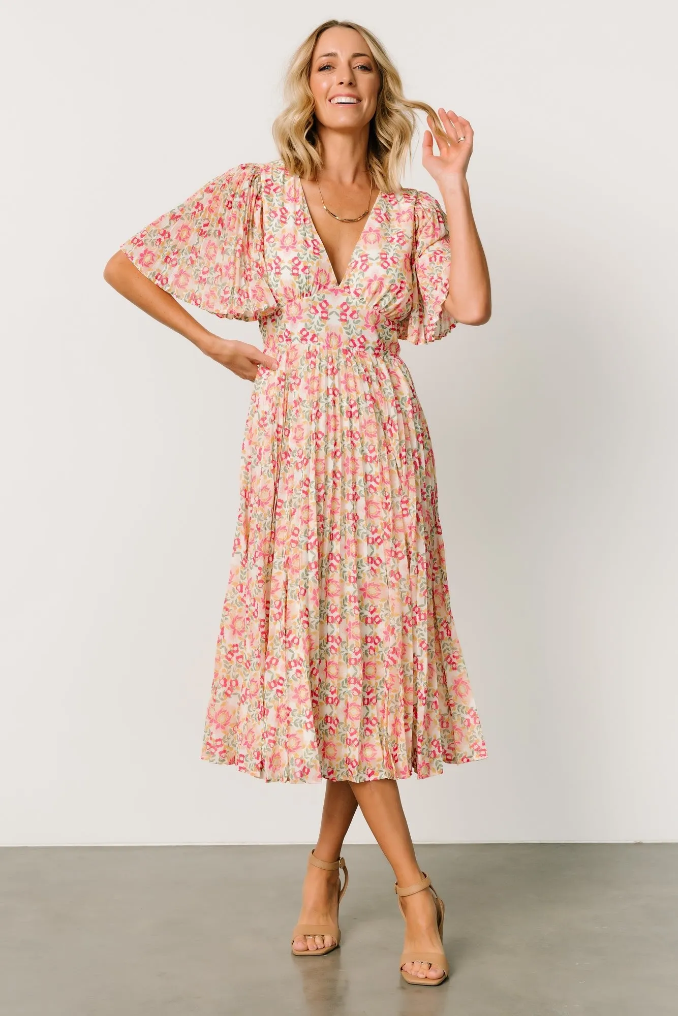 Kaya Midi Dress | Ivory + Pink Floral sold by Baltic Born