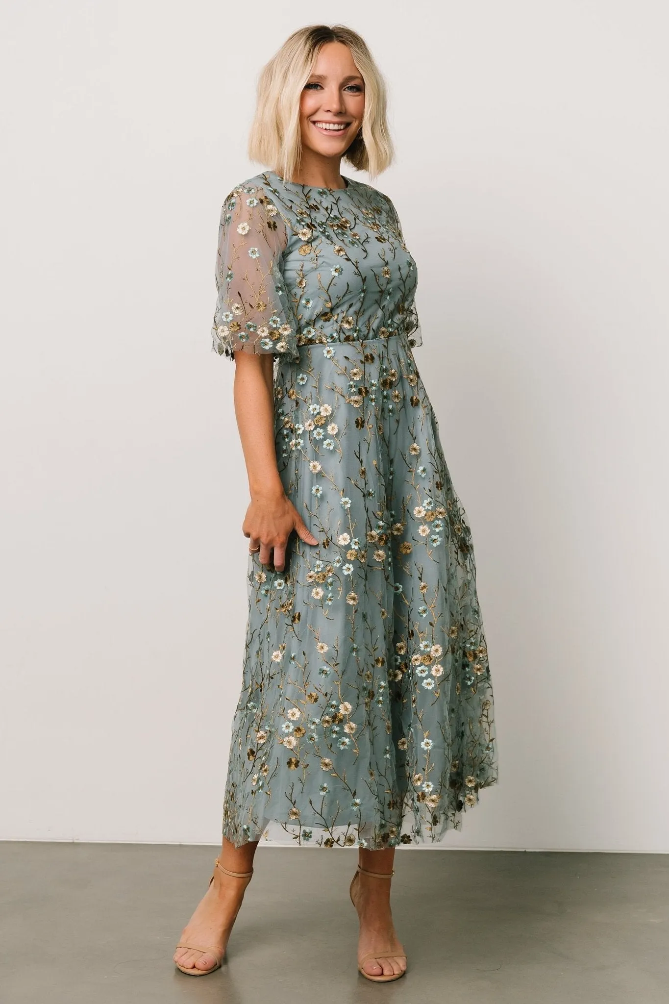 Arabella Embroidered Tulle Maxi Dress | Dusty Blue Floral sold by Baltic Born product image thumbnail 3