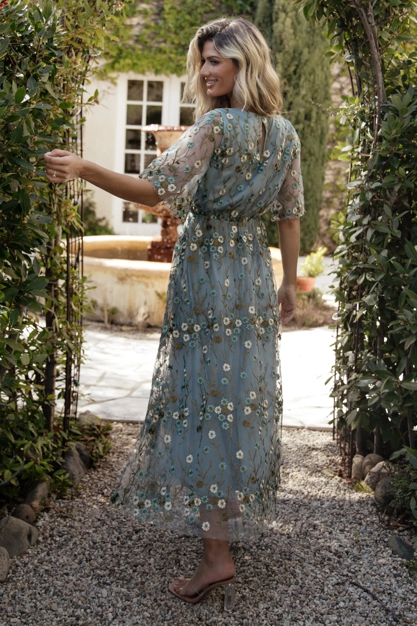 Arabella Embroidered Tulle Maxi Dress | Dusty Blue Floral sold by Baltic Born product image thumbnail 5