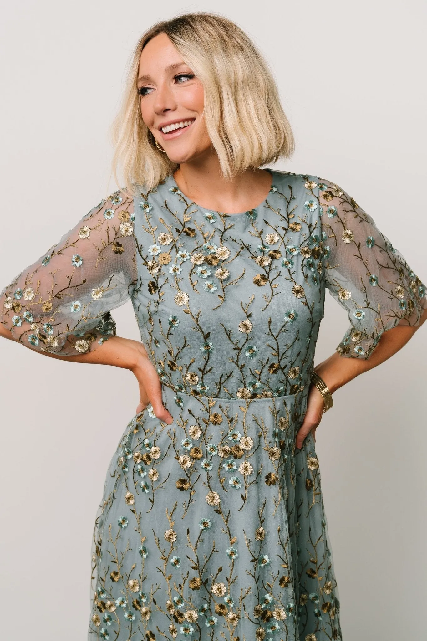 Arabella Embroidered Tulle Maxi Dress | Dusty Blue Floral sold by Baltic Born product image thumbnail 4