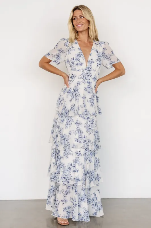 Montaigne Ruffle Maxi Dress | Off White + Blue sold by Baltic Born