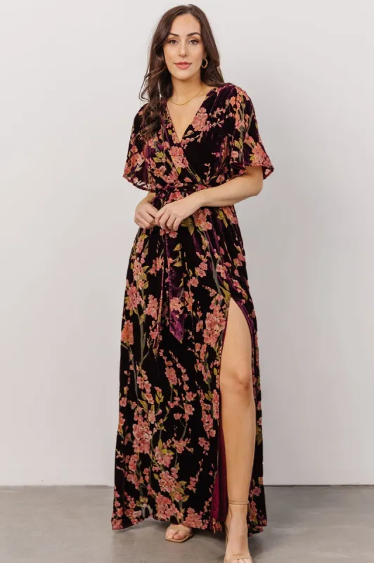 Uma Velvet Maxi Dress | Plum Floral sold by Baltic Born