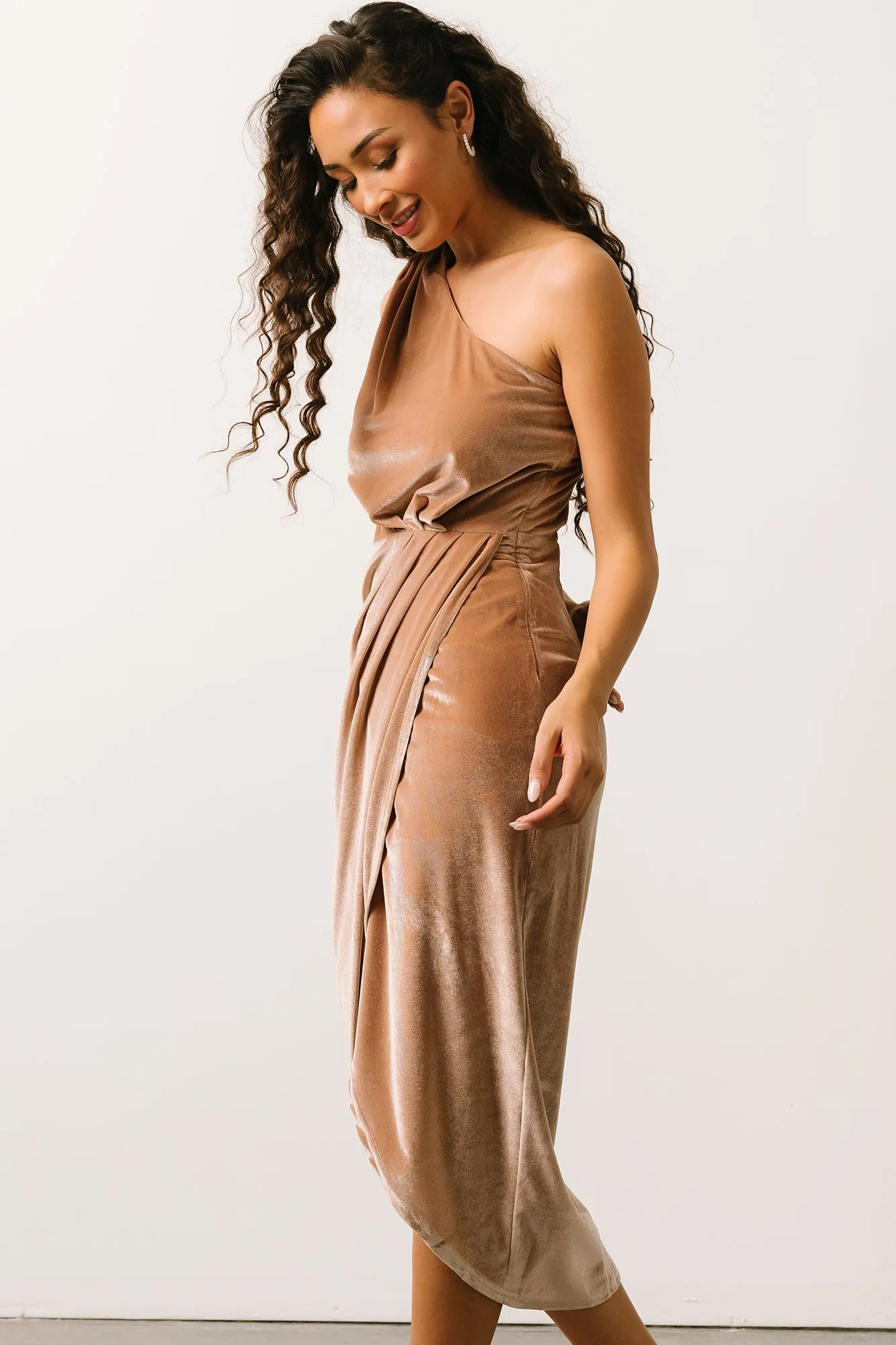 Kourtney Velvet One Shoulder Midi Dress | Champagne sold by Baltic Born product image thumbnail 2
