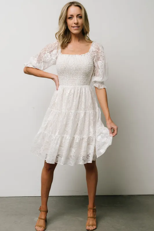 Tate Smocked Lace Short Dress | Off White sold by Baltic Born