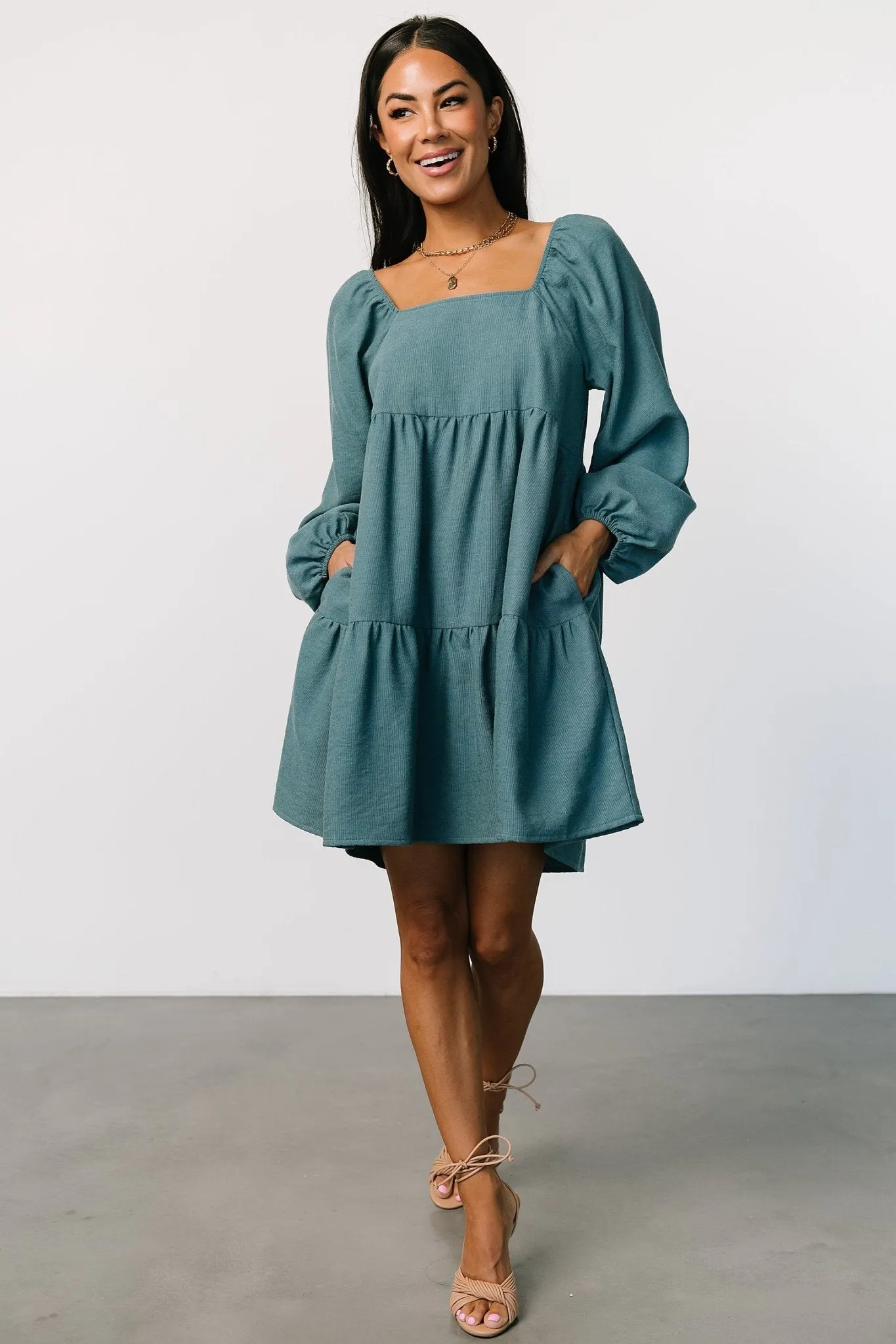 Selena Tiered Mini Dress | Vintage Teal sold by Baltic Born product image thumbnail 3