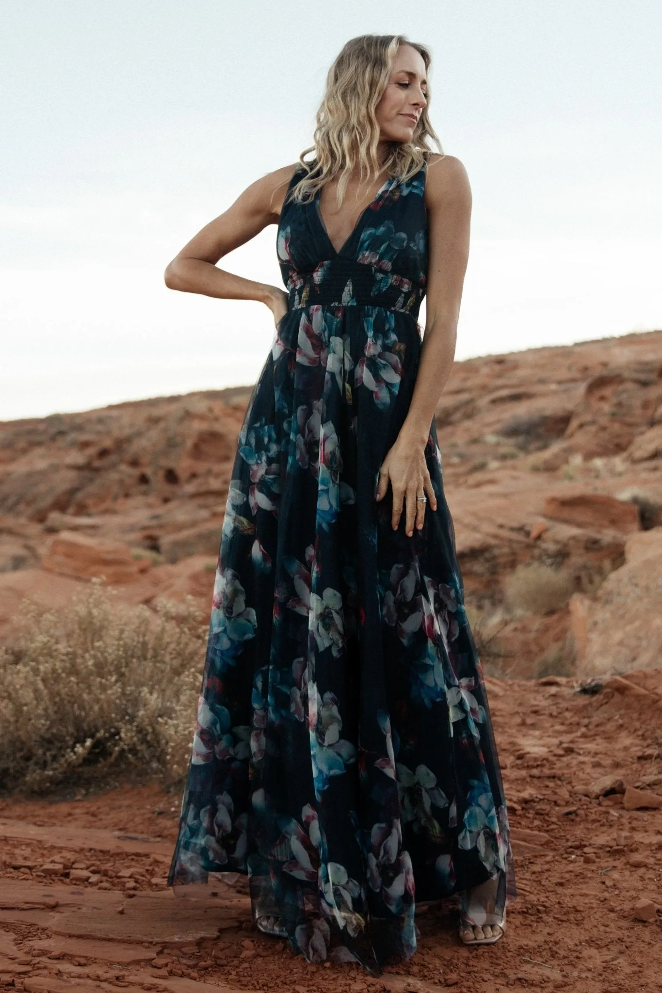 Kamila Tulle Maxi Dress | Navy Abstract Floral sold by Baltic Born