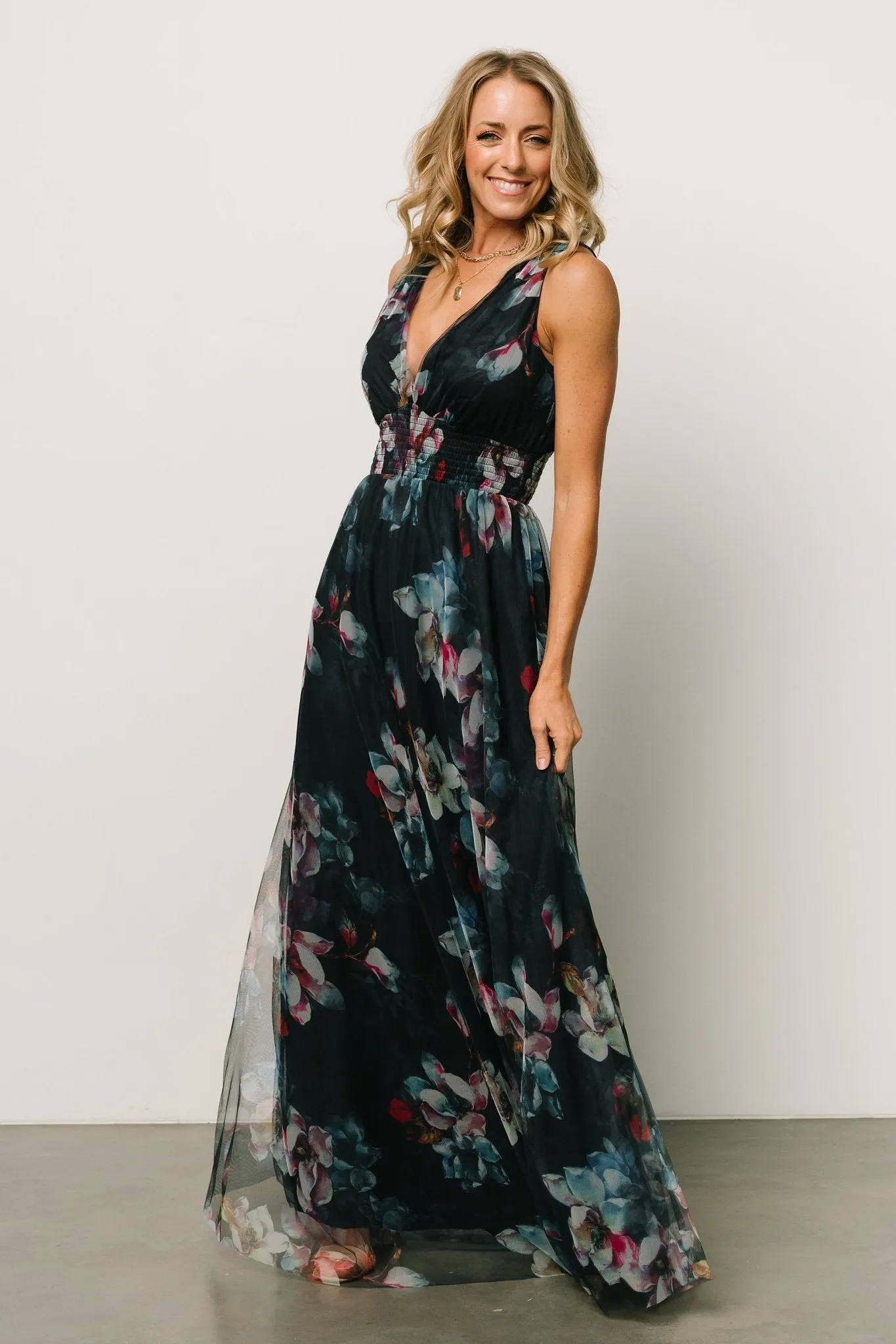 Kamila Tulle Maxi Dress | Navy Abstract Floral sold by Baltic Born product image thumbnail 2