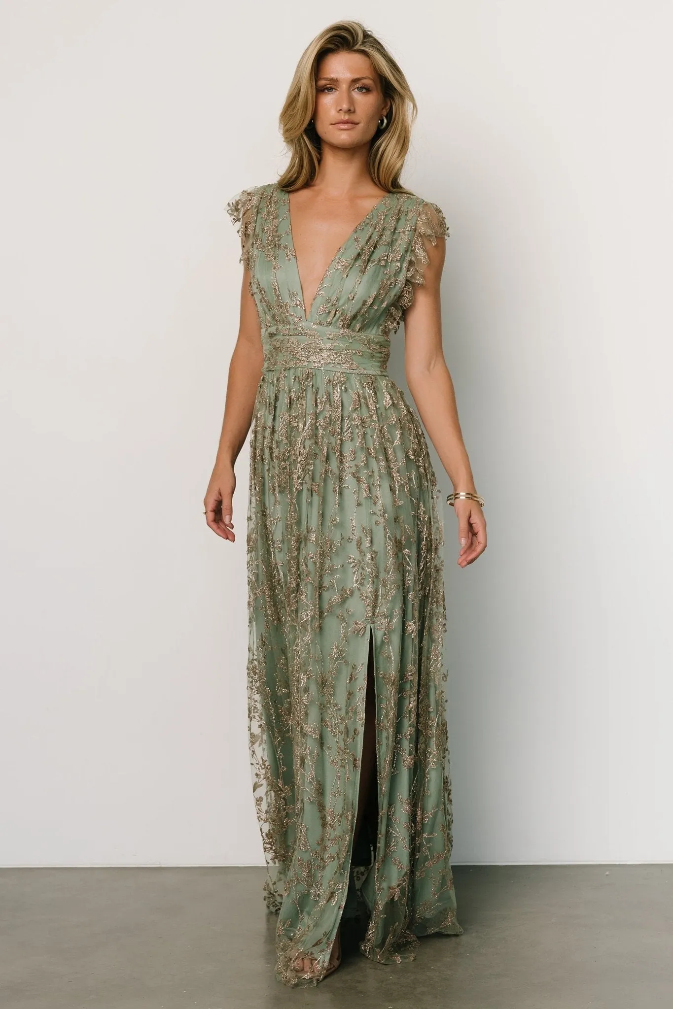 Arlene Shimmer Gown | Sage + Gold sold by Baltic Born