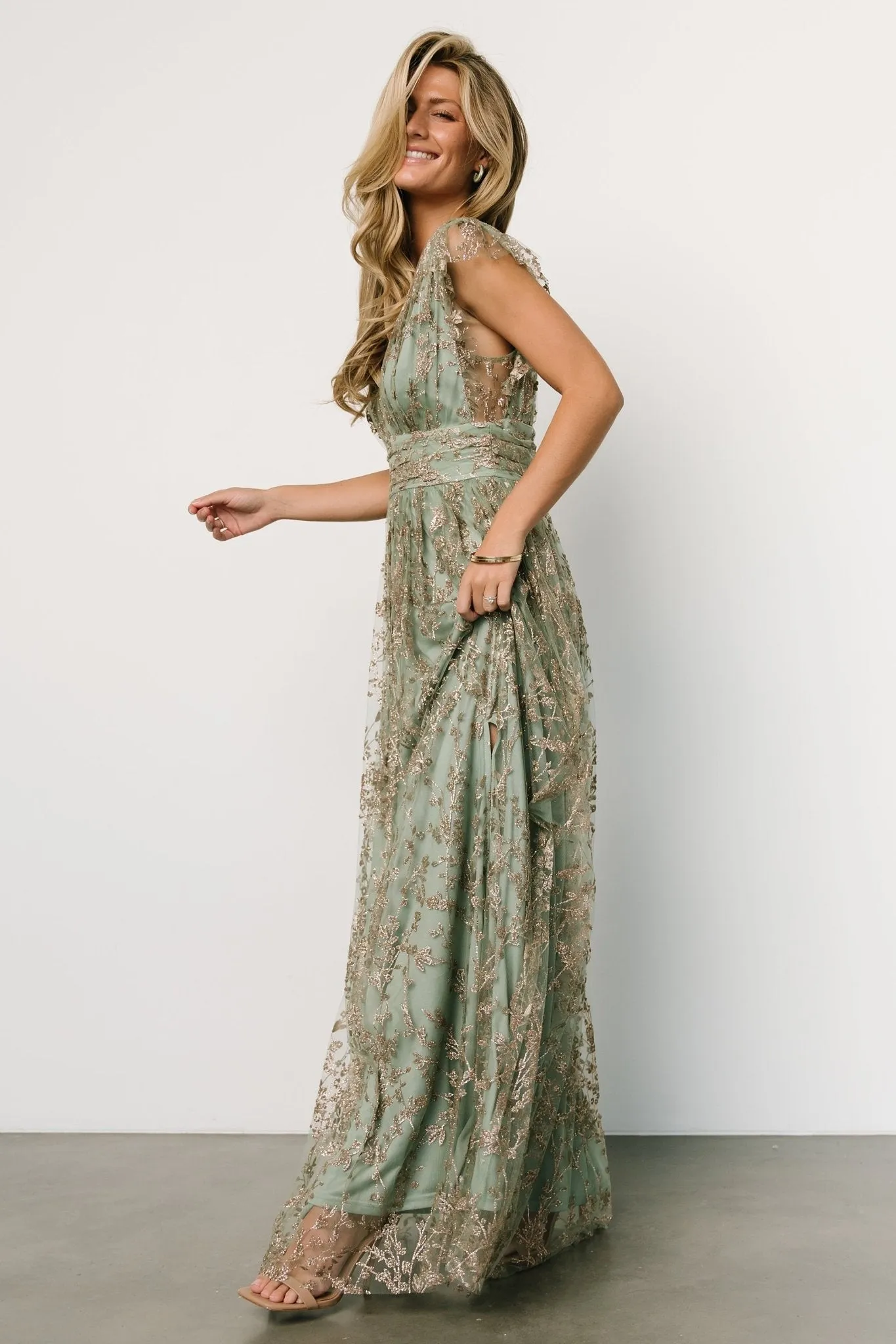 Arlene Shimmer Gown | Sage + Gold sold by Baltic Born product image thumbnail 3