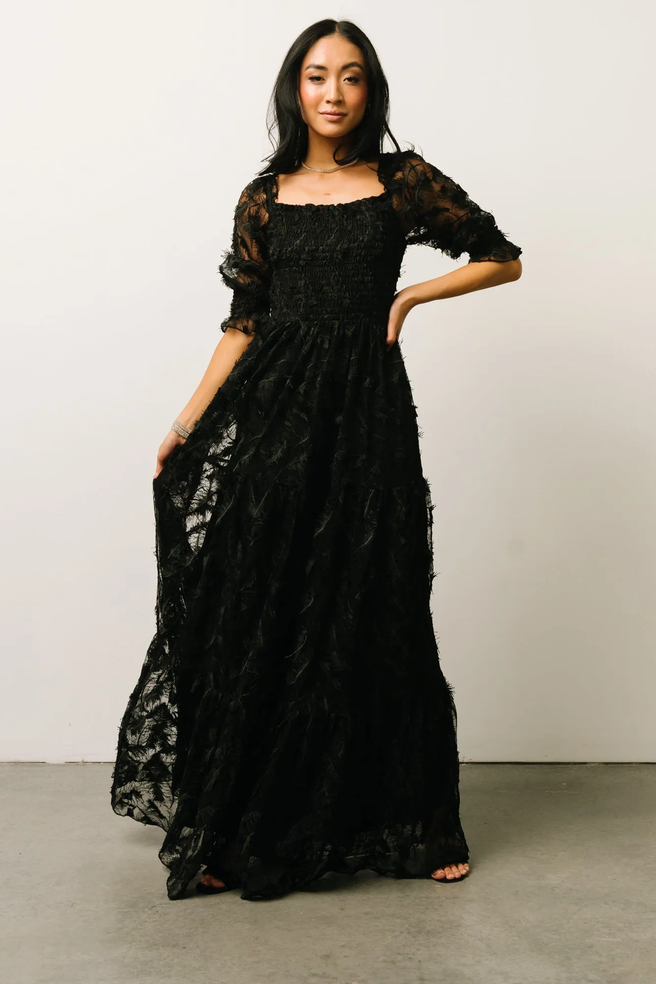 Paloma Smocked Feather Maxi Dress | Black sold by Baltic Born product image thumbnail 5
