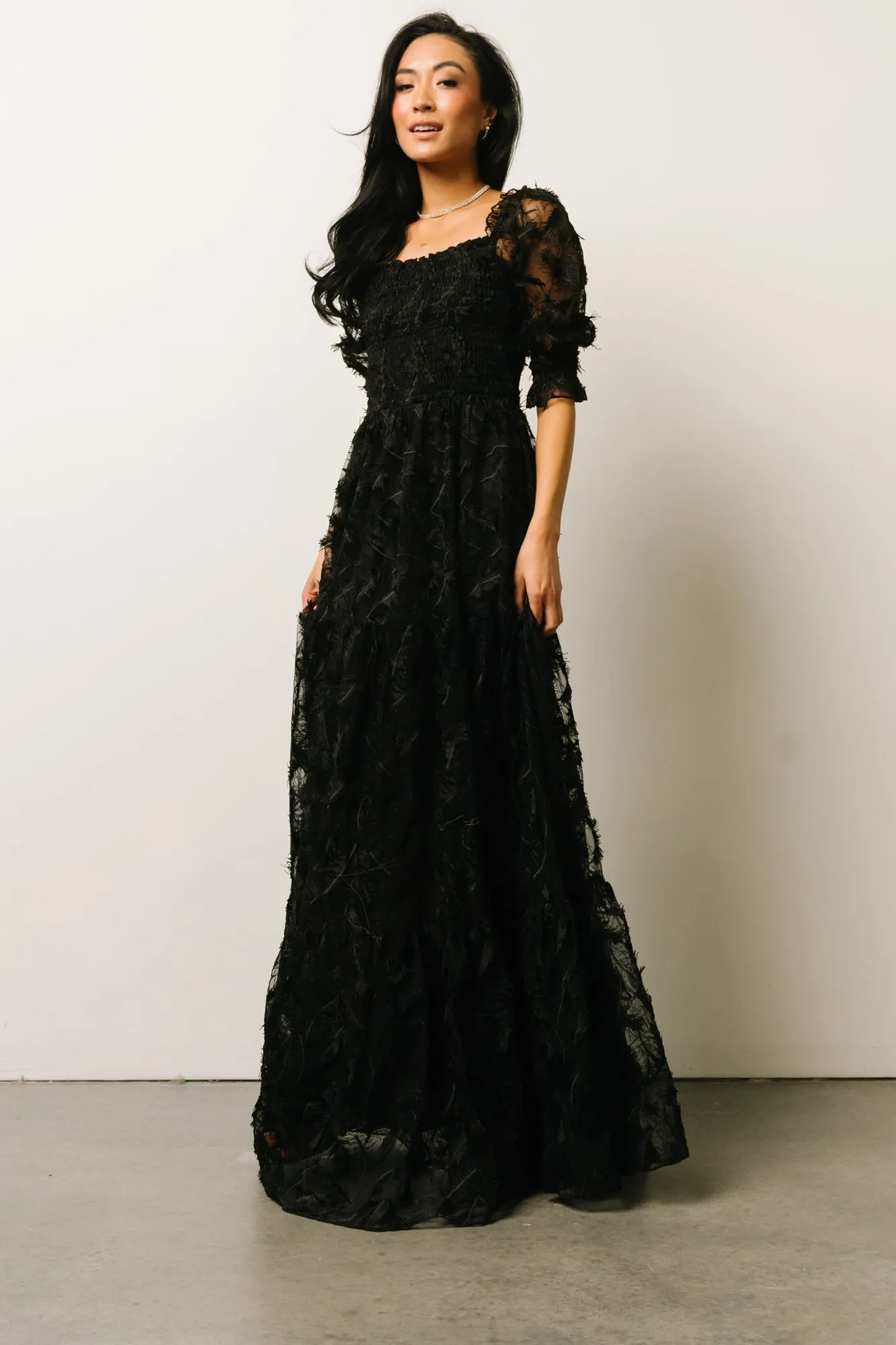 Paloma Smocked Feather Maxi Dress | Black sold by Baltic Born product image thumbnail 4