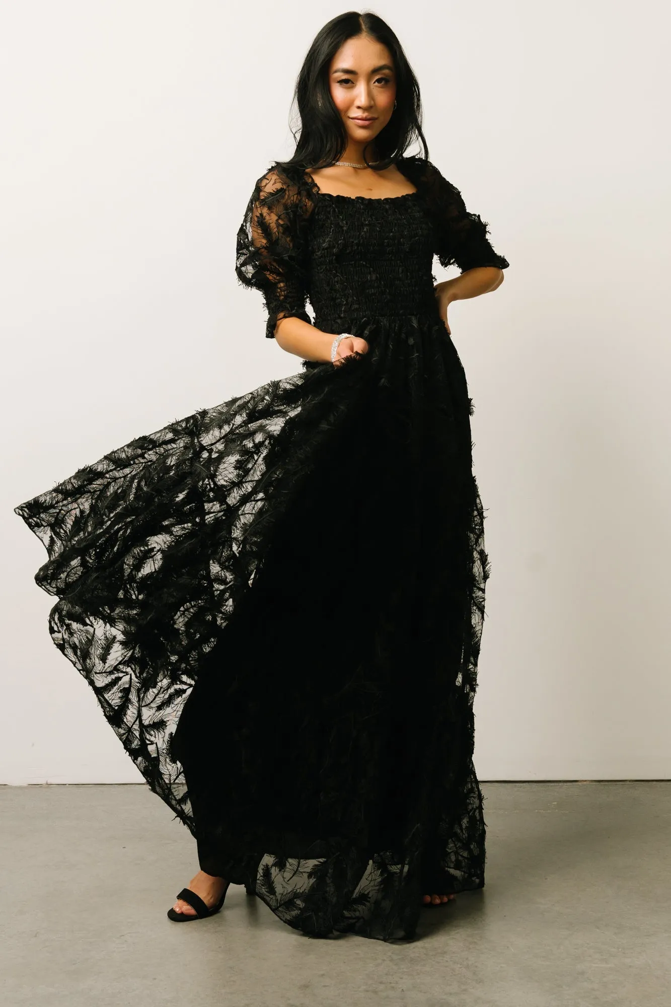 Paloma Smocked Feather Maxi Dress | Black sold by Baltic Born