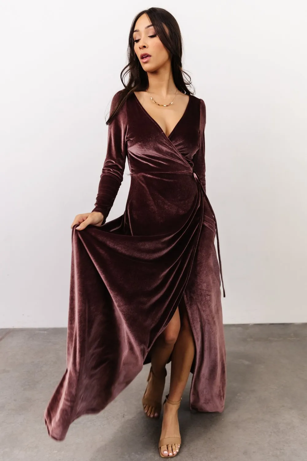 Esmerelda Velvet Wrap Maxi Dress | Dusty Plum sold by Baltic Born product image thumbnail 5