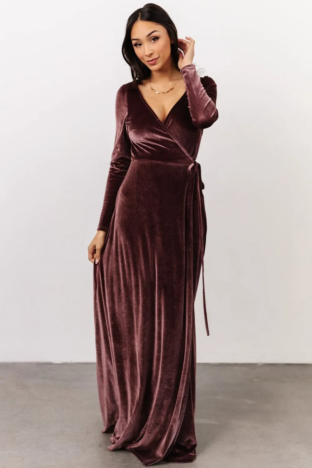 Esmerelda Velvet Wrap Maxi Dress | Dusty Plum sold by Baltic Born