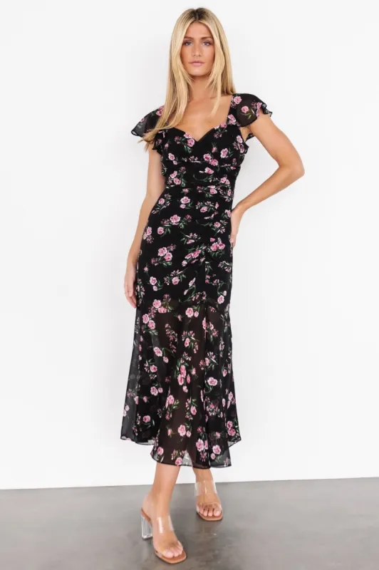 Mariana Ruched Midi Dress | Black Floral sold by Baltic Born