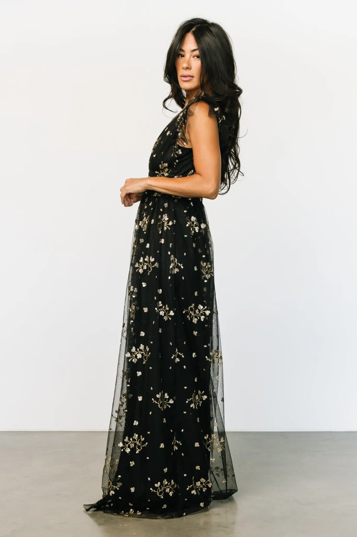 Natalia Floral Embellished Maxi Dress | Black + Gold sold by Baltic Born product image thumbnail 4
