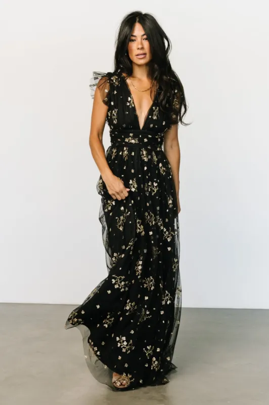 Natalia Floral Embellished Maxi Dress | Black + Gold sold by Baltic Born