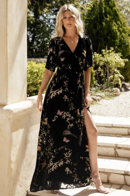 Uma Velvet Maxi Dress | Black Butterfly Print sold by Baltic Born