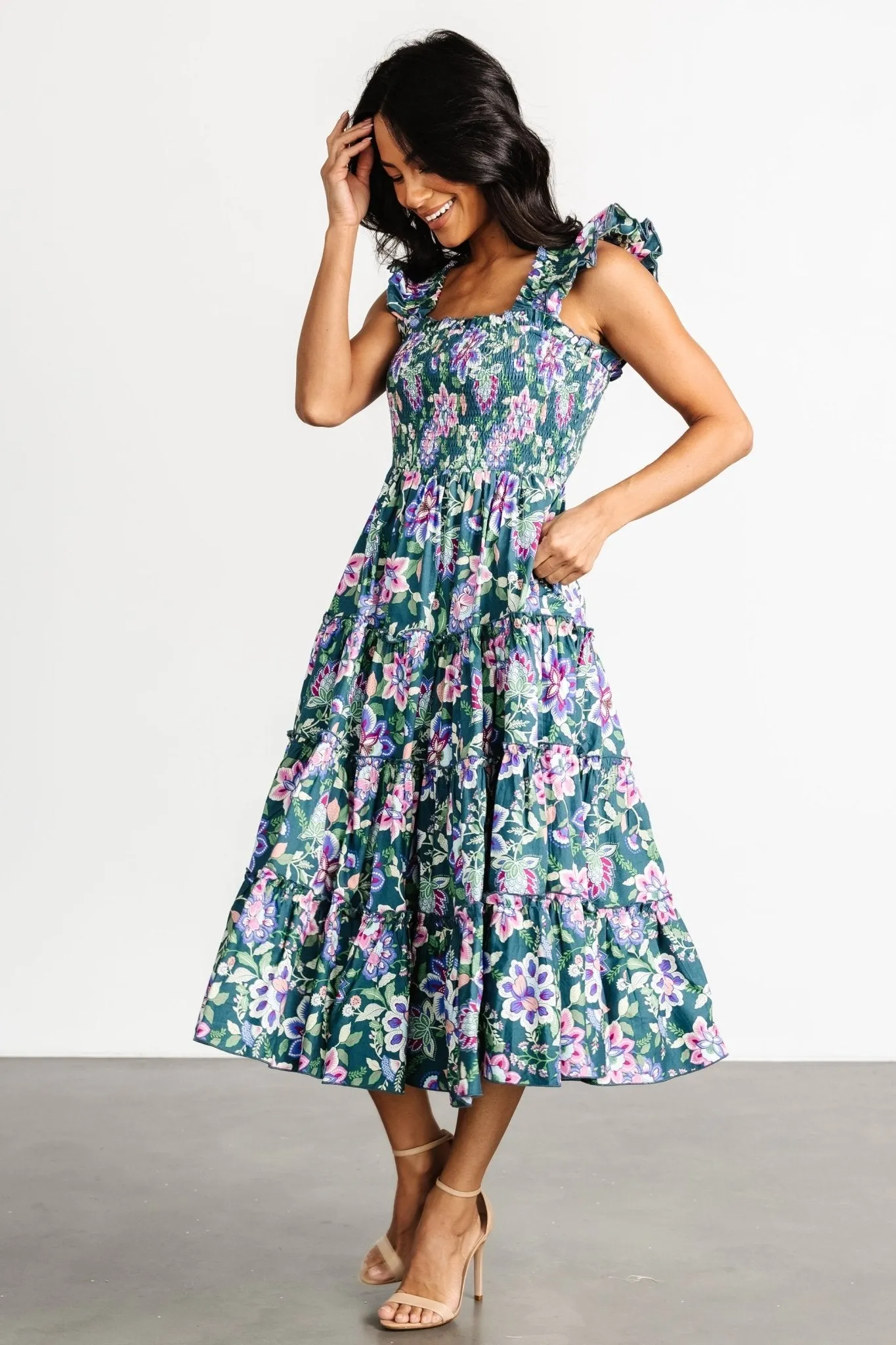 Tatum Smocked Tiered Dress | Green Multi sold by Baltic Born product image thumbnail 3