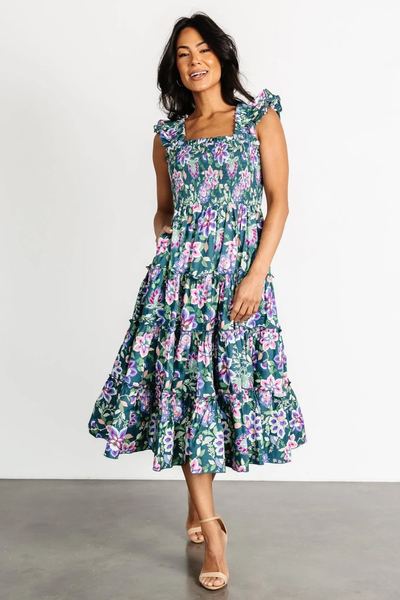 Tatum Smocked Tiered Dress | Green Multi sold by Baltic Born