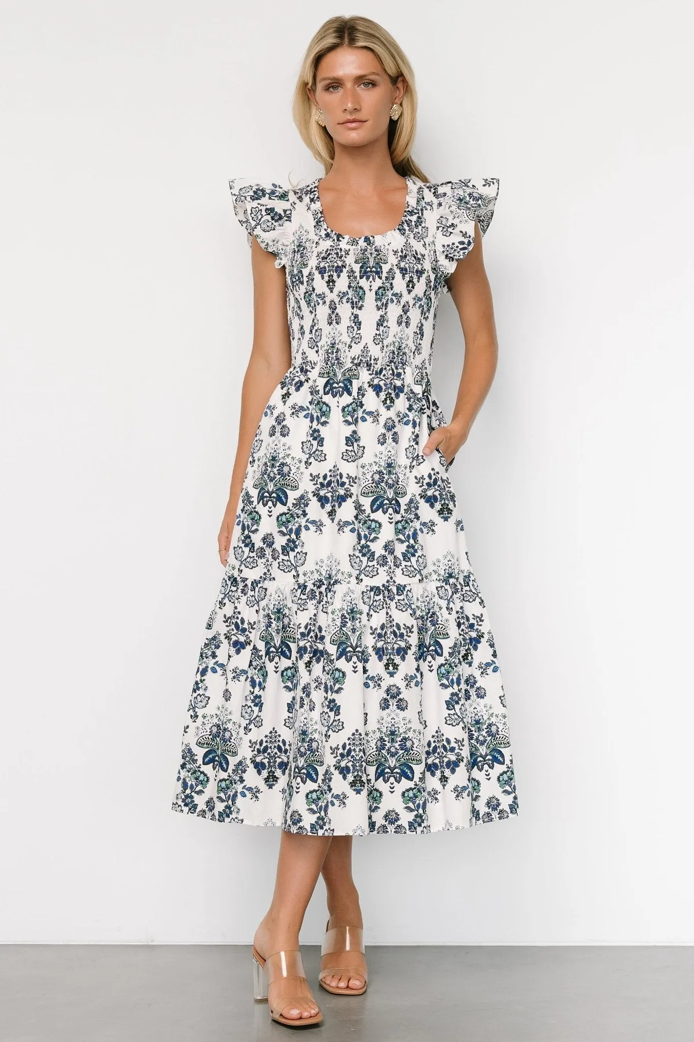 Dominique Midi Dress | White + Cobalt sold by Baltic Born product image thumbnail 4