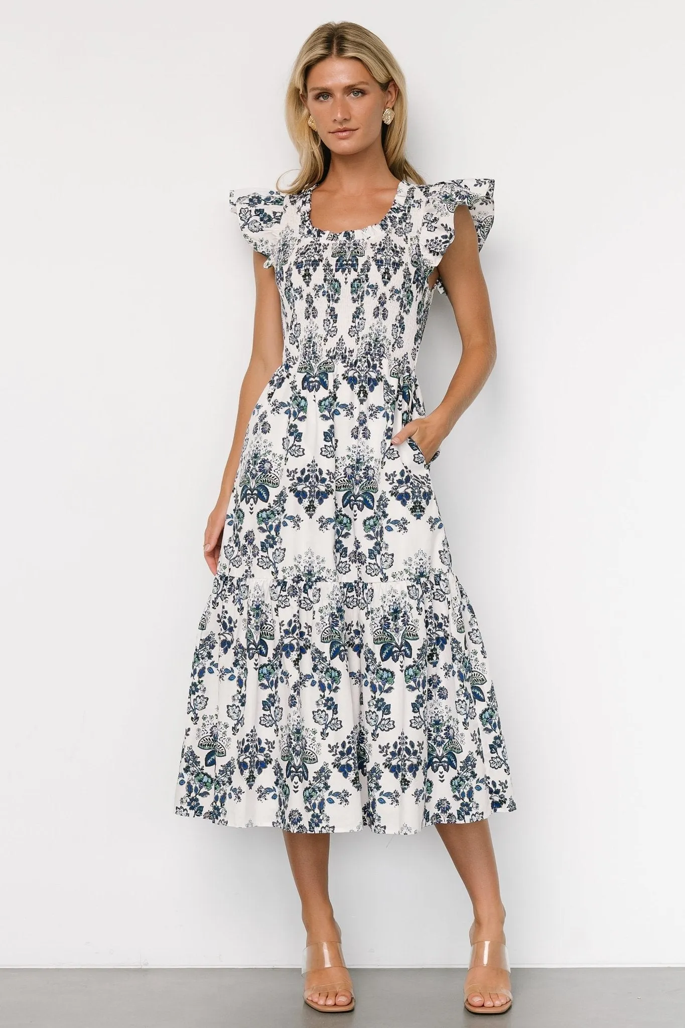 Dominique Midi Dress | White + Cobalt sold by Baltic Born