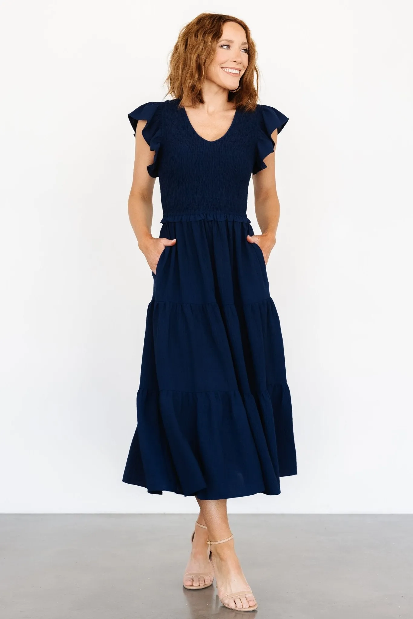 Afton Smocked Tiered Dress | Navy sold by Baltic Born