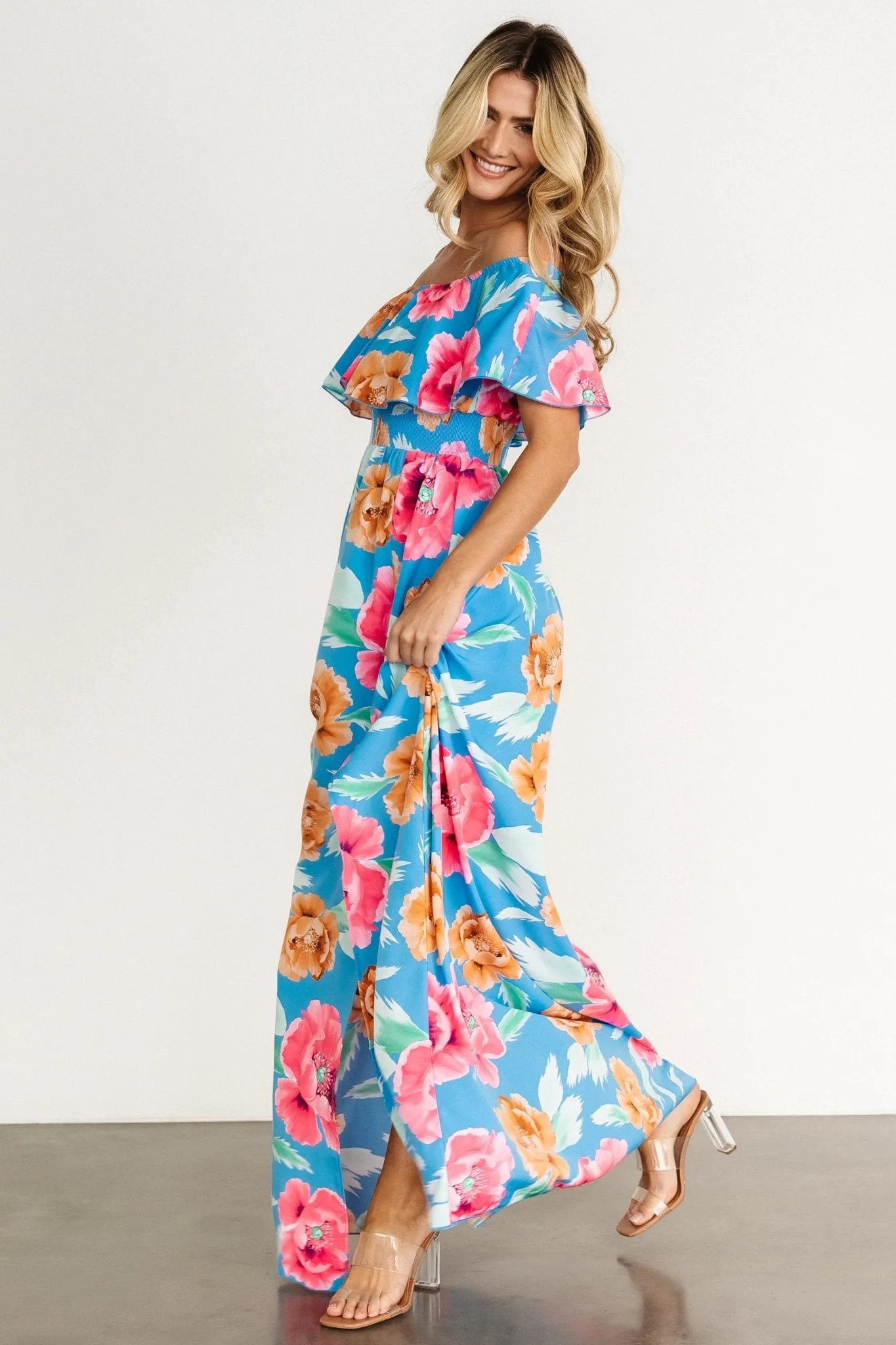Talia Off Shoulder Maxi Dress | Sea Blue Floral sold by Baltic Born product image thumbnail 3