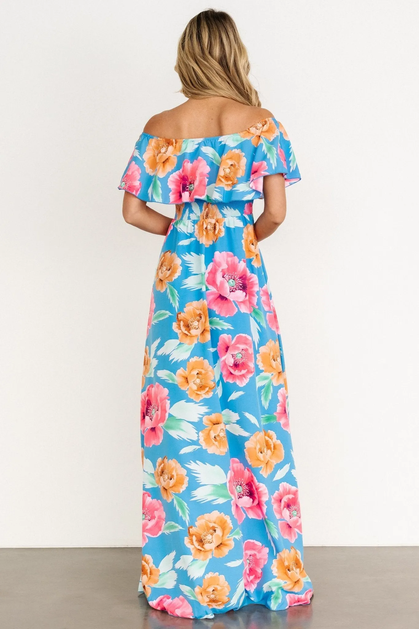 Talia Off Shoulder Maxi Dress | Sea Blue Floral sold by Baltic Born product image thumbnail 4