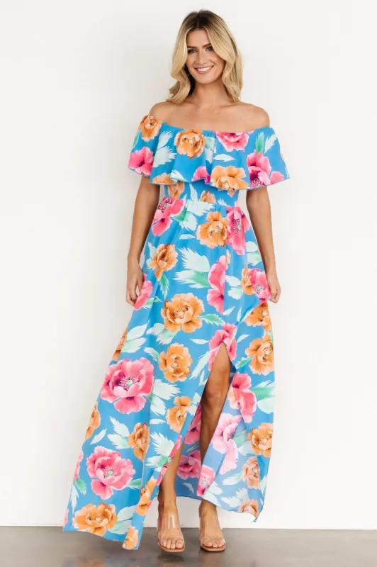 Talia Off Shoulder Maxi Dress | Sea Blue Floral sold by Baltic Born