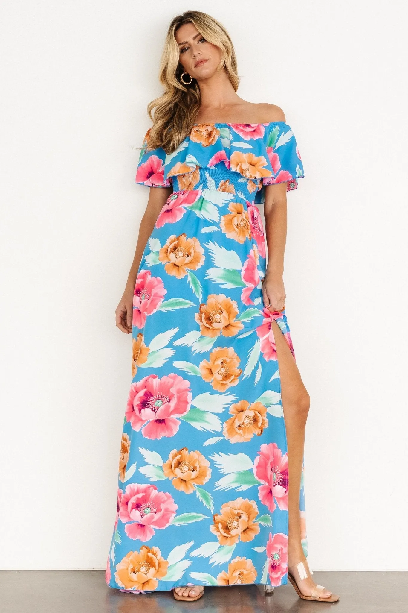 Talia Off Shoulder Maxi Dress | Sea Blue Floral sold by Baltic Born product image thumbnail 5