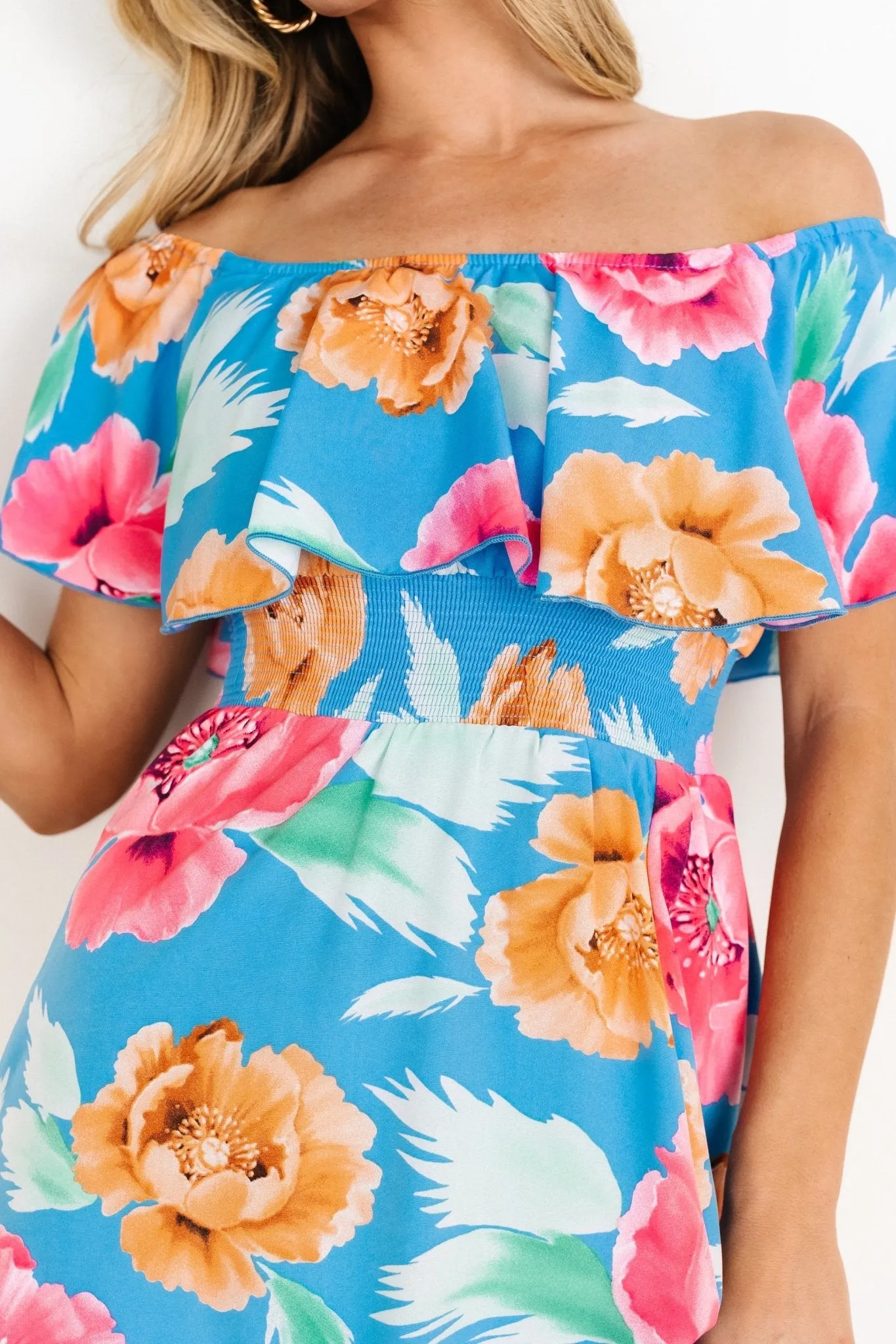 Talia Off Shoulder Maxi Dress | Sea Blue Floral sold by Baltic Born product image thumbnail 2