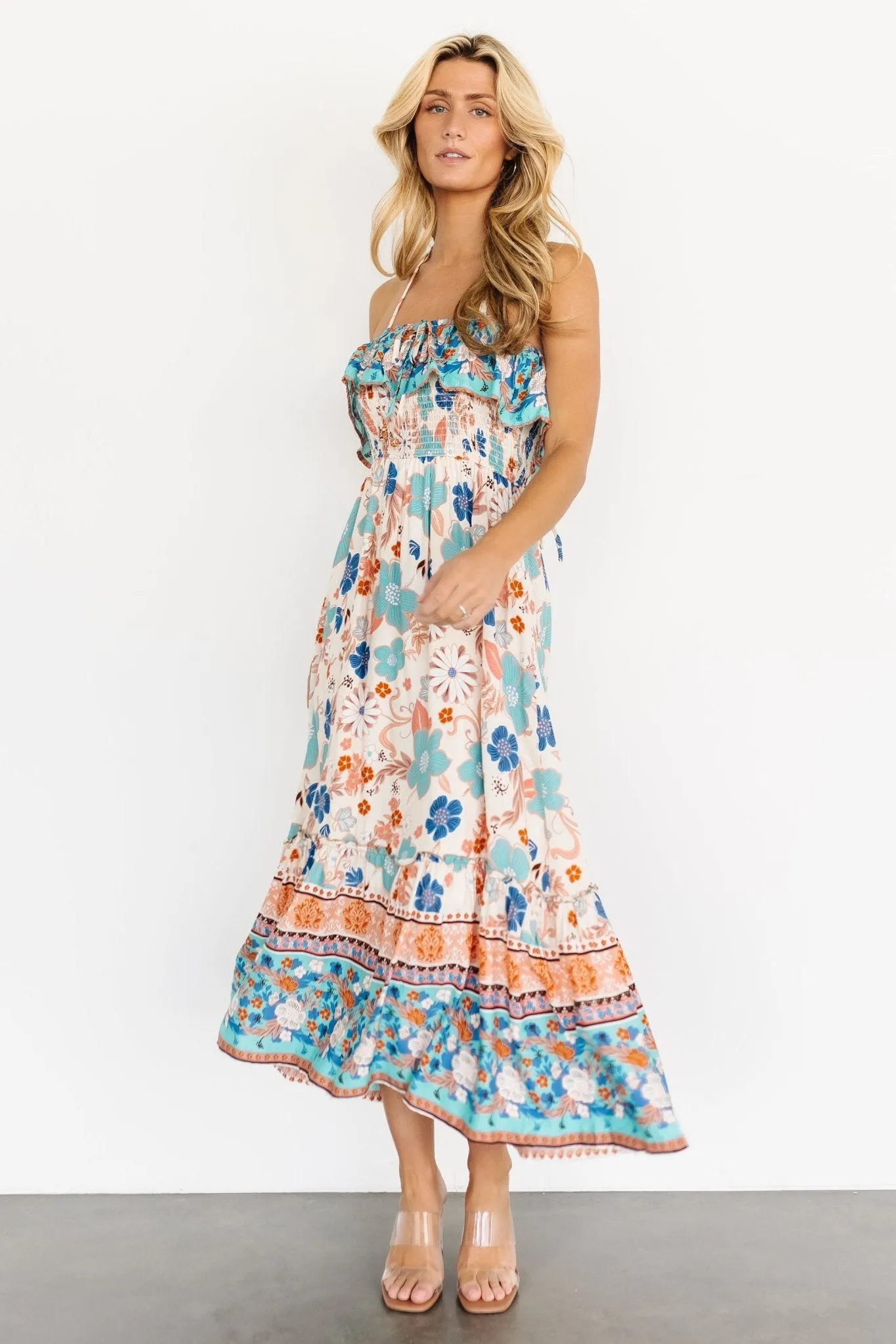 Dali Midi Dress | Natural + Blue Floral sold by Baltic Born