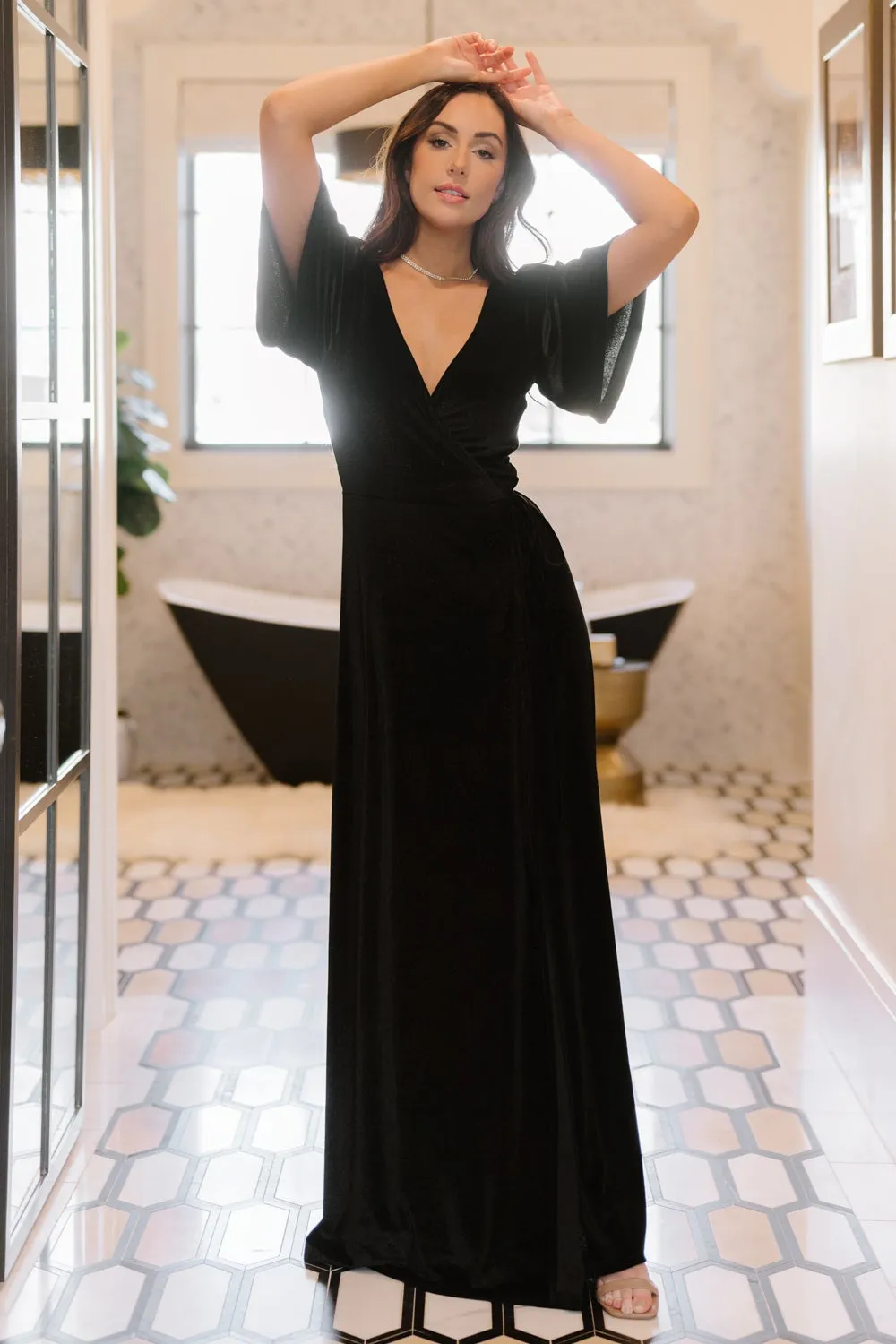 Meghan Velvet Wrap Maxi Dress | Black sold by Baltic Born