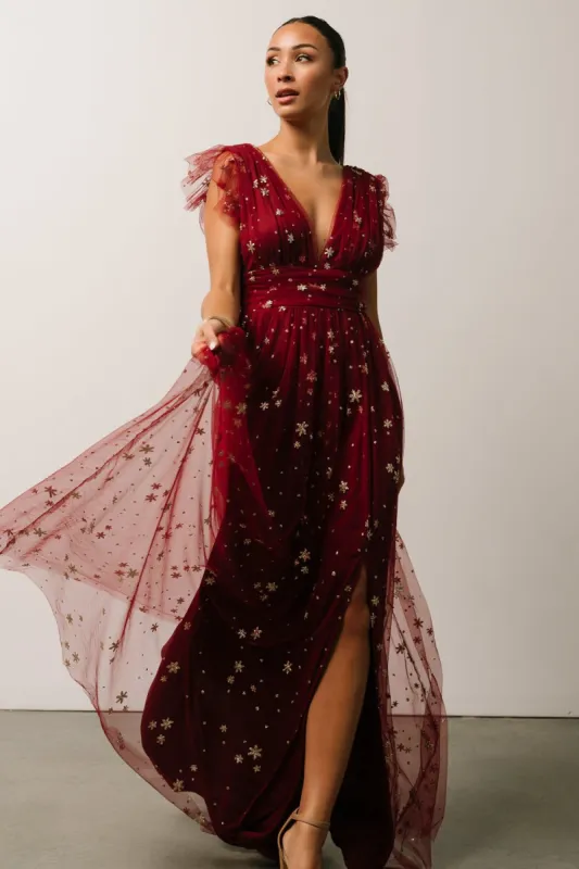 Nova Shimmer Maxi Dress | Wine + Gold sold by Baltic Born