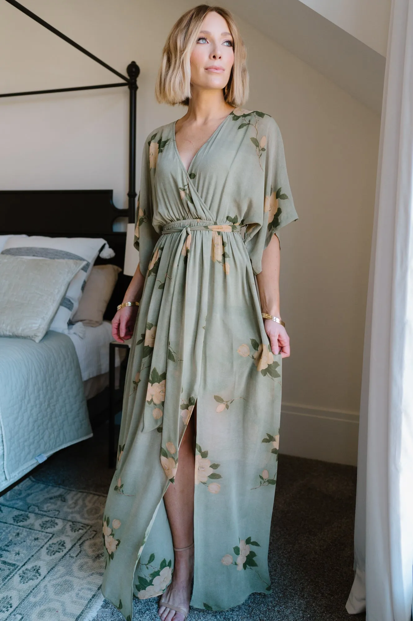 Kia Kimono Maxi Dress | Olive Floral sold by Baltic Born