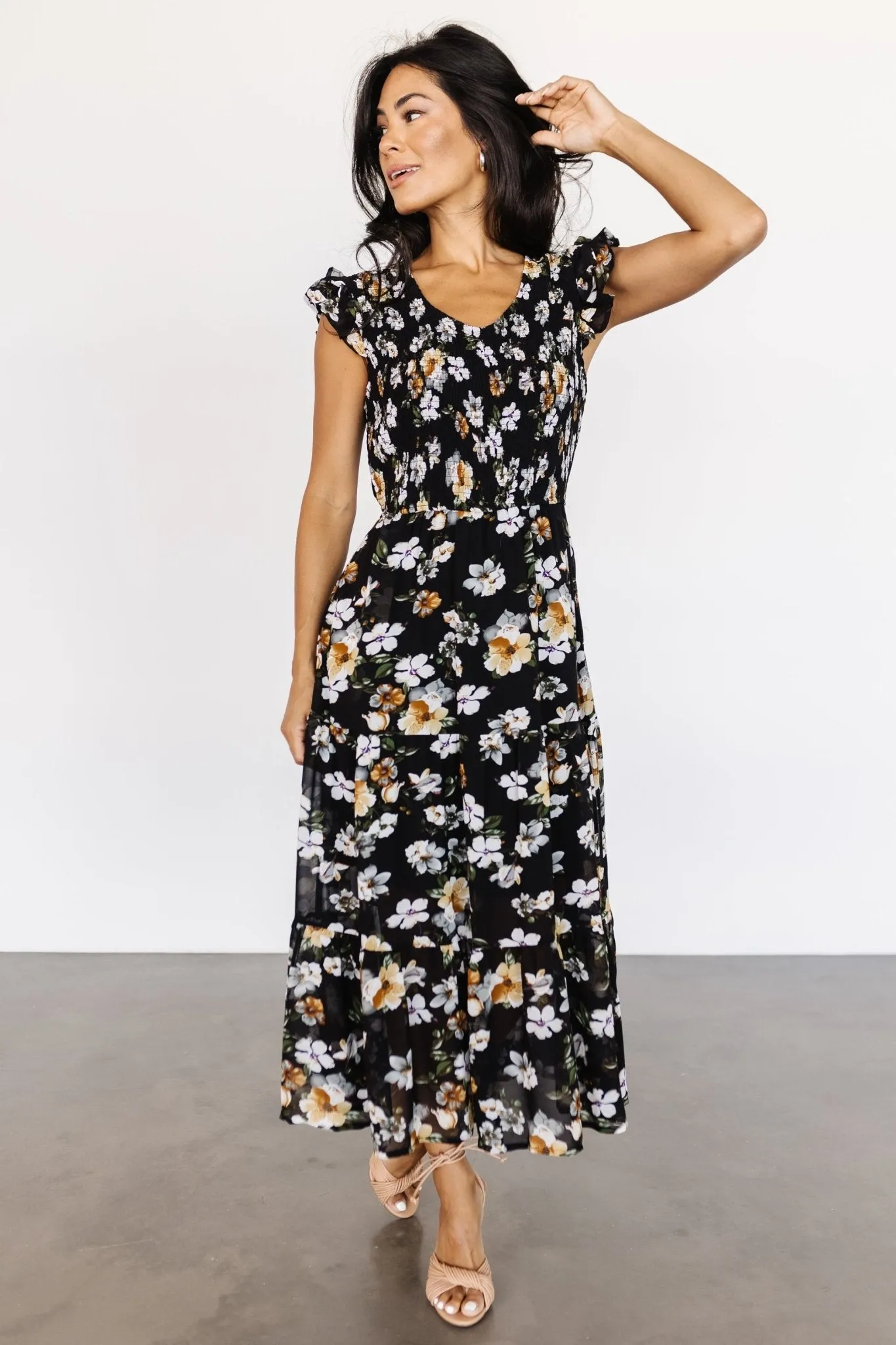 Kenna Smocked Midi Dress | Black Floral sold by Baltic Born