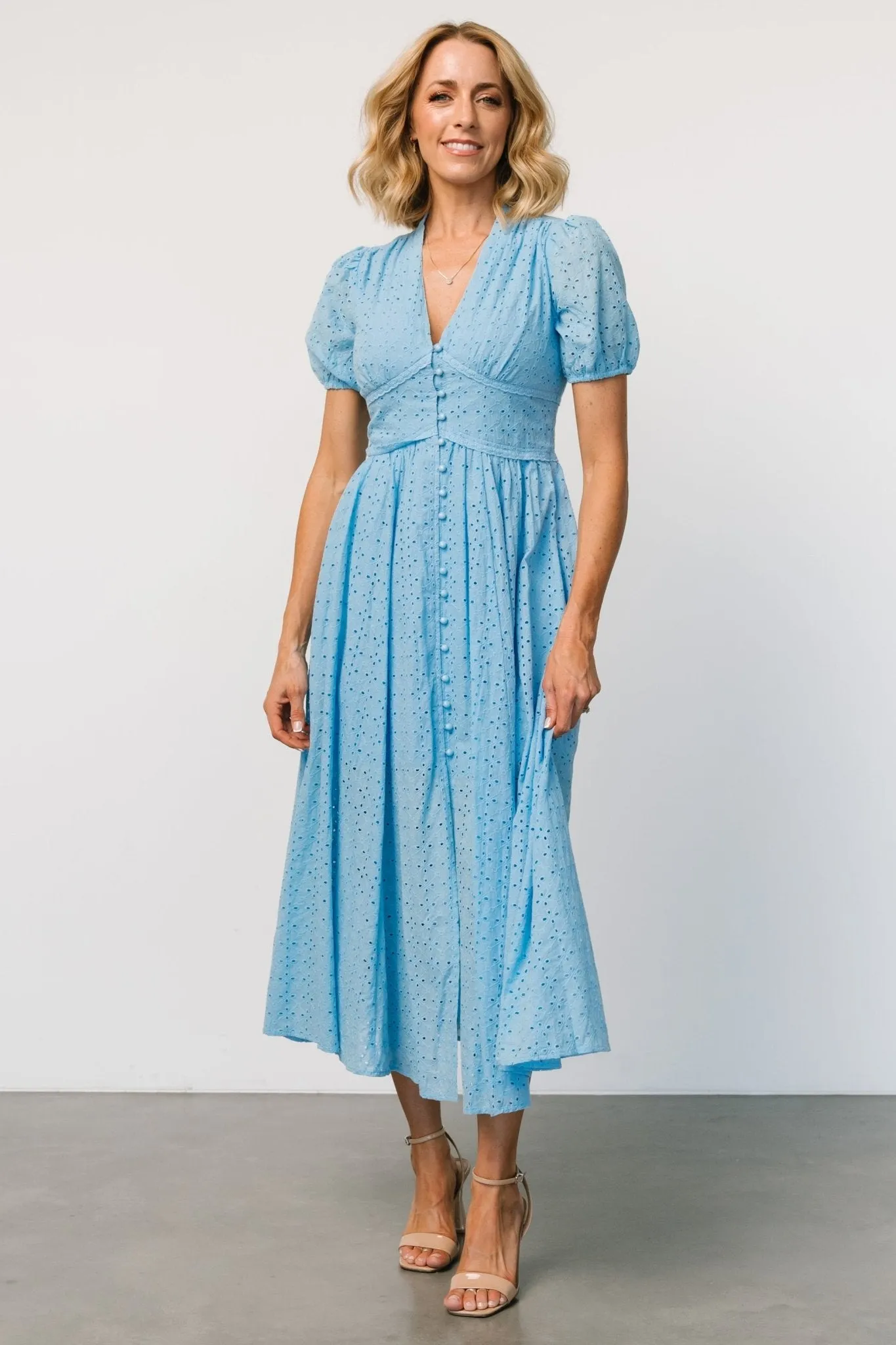 Esther Eyelet Midi Dress | Blue sold by Baltic Born