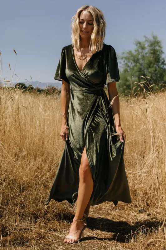 Katelyn Velvet Maxi Wrap Dress | Dark Olive sold by Baltic Born