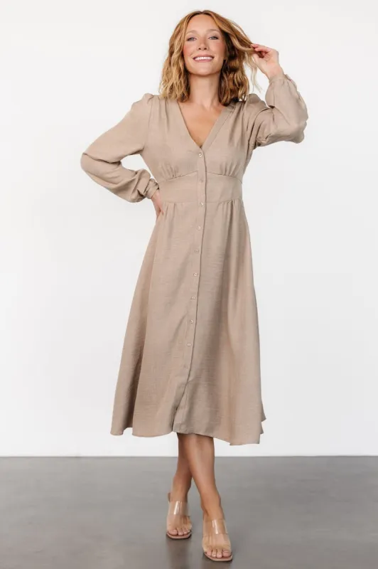 Faith Button Midi Dress | Taupe sold by Baltic Born
