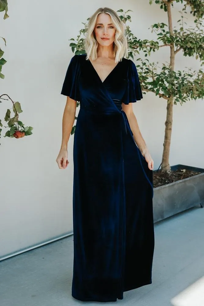 Meghan Velvet Wrap Maxi Dress | Navy sold by Baltic Born