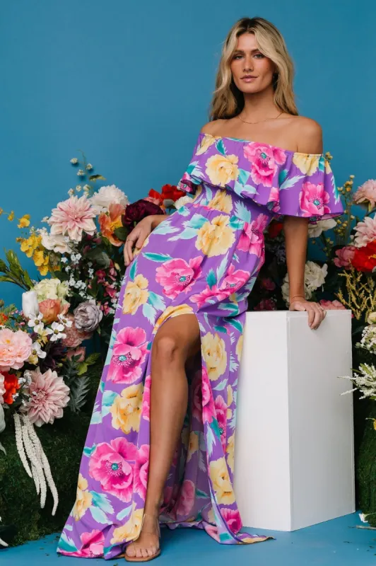 Talia Off Shoulder Maxi Dress | Purple Floral sold by Baltic Born