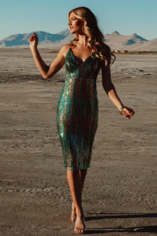 Michelle Sequin Midi Dress | Green Multi made by Baltic Born